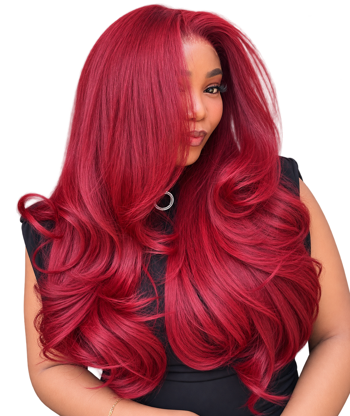 Rouge Flame Layered Human Hair Wavy Wig| 24 Inches – Vibrant Red HD Lace