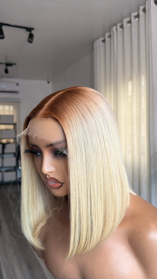 Blonde Bob Raw Human Hair Wig with a 6x6 HD lace closure, 10–12-inch bob length and radiant blonde finish, front view.