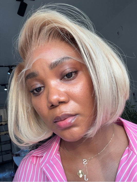 Blonde Bob Raw Human Hair Wig with a 13x6 HD lace frontal, 8–10-inch bob length and radiant blonde finish, front view.