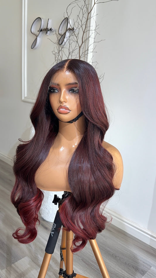 Cherry Rush Burgundy raw human hair body wave wig with a 13x6 HD lace frontal, 24-inch length and rich burgundy color, front view.