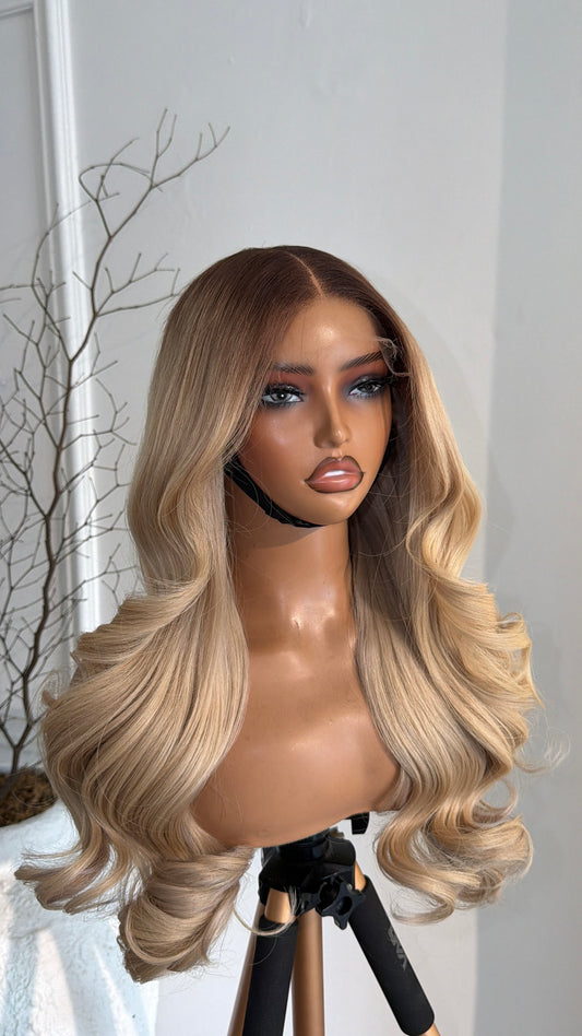Pure Blonde raw human hair wig with a 6x6 HD lace closure, 20-inch length and bright blonde finish, front view.