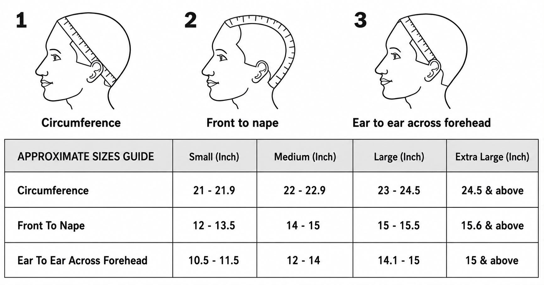 Three diagrams showing where to measure: around the head, front hairline to nape, and ear to ear across the forehead.